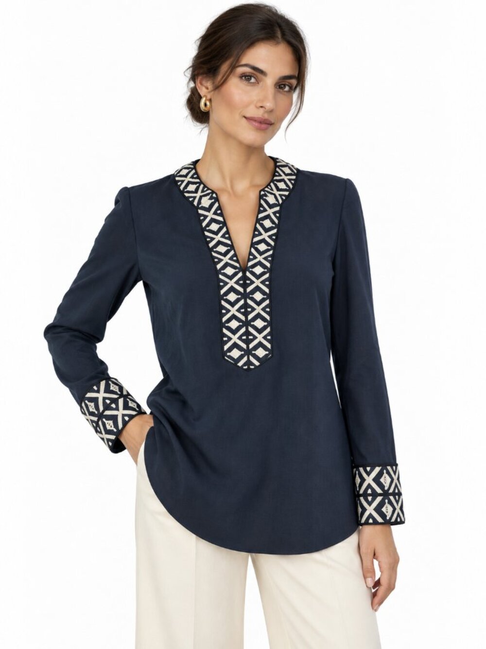 Tory Burch Ariana Tunic Top Navy Geometric Preppy Resort Size 2